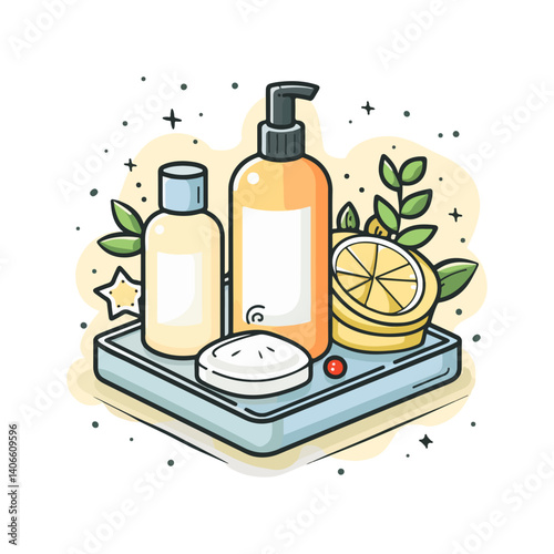 Natural Skincare Set Organic Lotion, Soap, and Cleanser Illustration