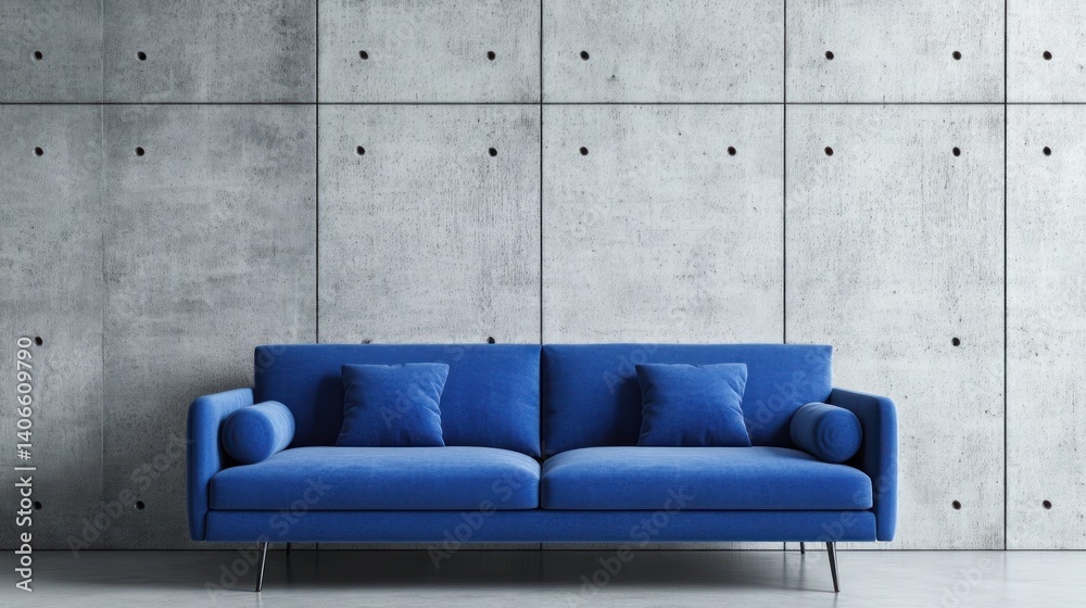 Scandinavian loft living room with concrete walls, a blue sofa, and a minimalistic approach to furniture design