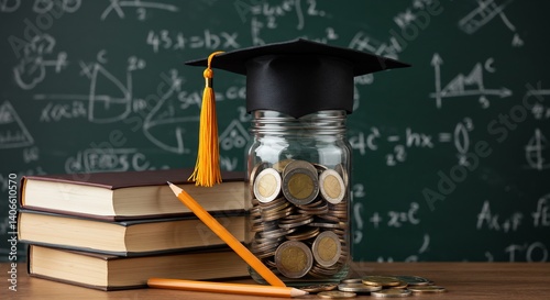 Wallpaper Mural Graduation Savings: College Fund in a Glass Jar with Graduation Cap, Books, and Pencils Against a Chalkboard Background Torontodigital.ca