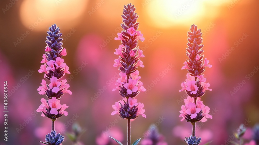 Fototapeta premium Three Pink Lavender Flowers at Sunset in a Field
