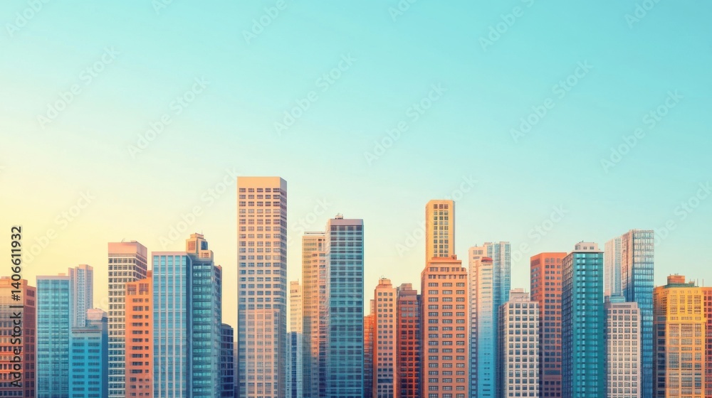 Fototapeta premium A vibrant city skyline at sunrise, showcasing a variety of modern skyscrapers against a clear blue sky.