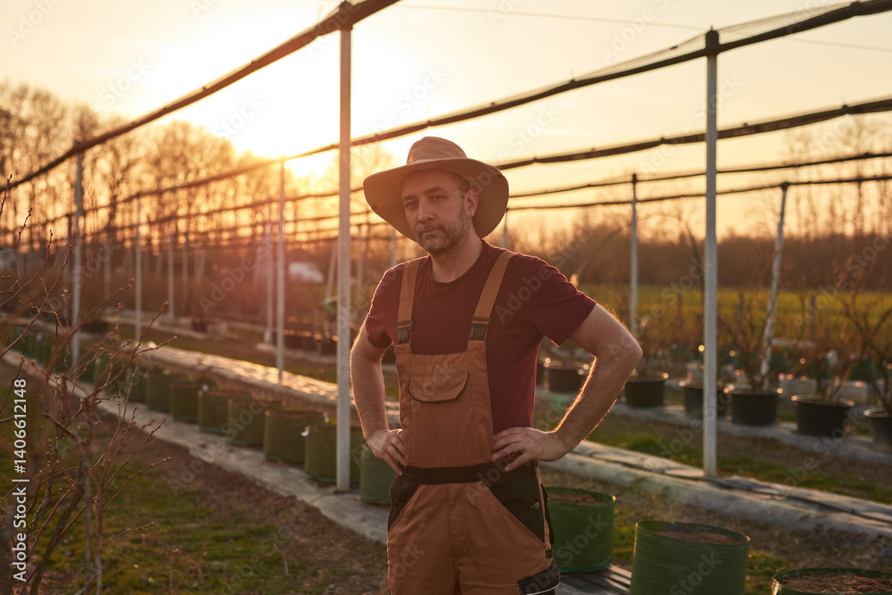 Male gardener with hat working in a blueberries organic farm.