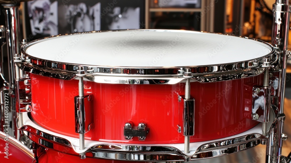 Close-up of a vibrant red drum. Shiny, polished metal hoops encircle a white drumhead. Part of a drum set visible in the background Close-up of a vibrant red drum. Shiny, polished metal hoops encircle a white drumhead. Part of a drum set visible in the background