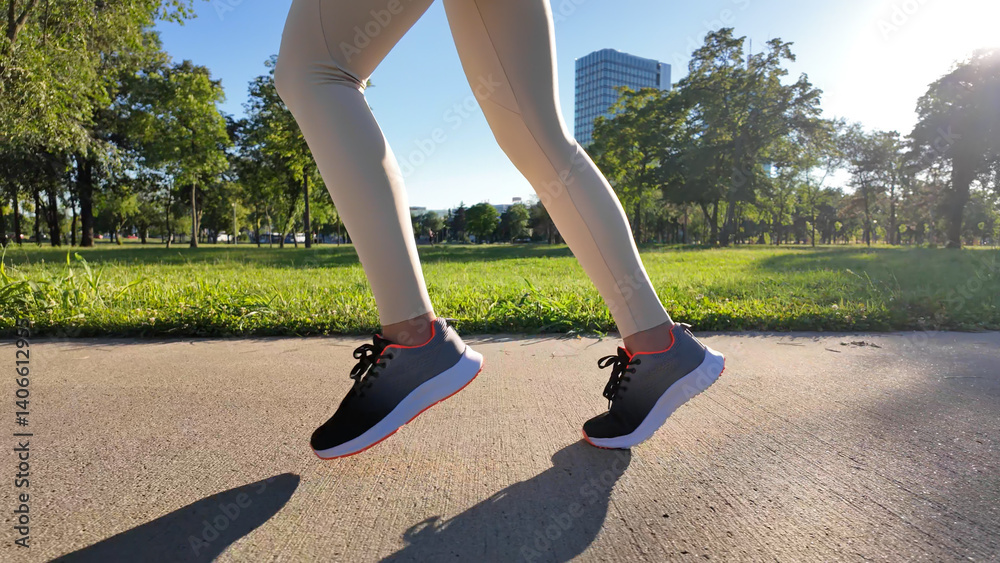 Young woman running and jogging in urban park Slow motion video..
