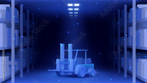 Ecommerce warehouse. Technology distribution. Forklift pallet for product delivery. Inventory package. Goods storehouse. Polygon 3D boxes shelves. Glowing light sparks. Vector background