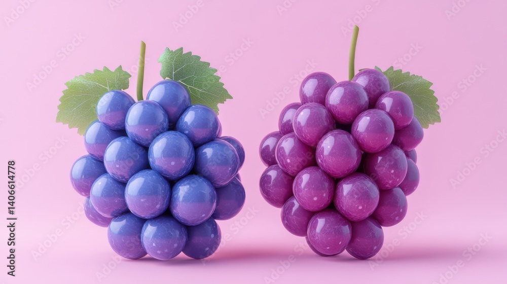 Two clusters of glossy grapes in shades of purple and blue, accompanied by green leaves, set against a soft pink background. Two clusters of glossy grapes in shades of purple and blue, accompanied by green leaves, set against a soft pink background.