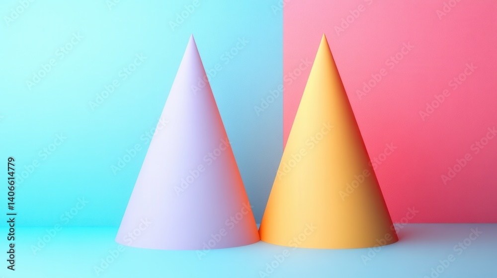 Two colorful cones, one lavender and one yellow, stand on a soft gradient background of blue and pink, creating a minimalist and modern aesthetic. Two colorful cones, one lavender and one yellow, stand on a soft gradient background of blue and pink, creating a minimalist and modern aesthetic.
