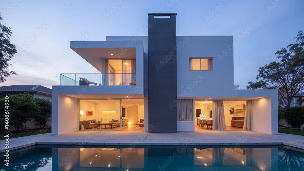 Modern minimalist house design with pool in serene lighting at dusk, showcasing elegant architecture and luxurious outdoor space Modern minimalist house design with pool in serene lighting at dusk, showcasing elegant architecture and luxurious outdoor space