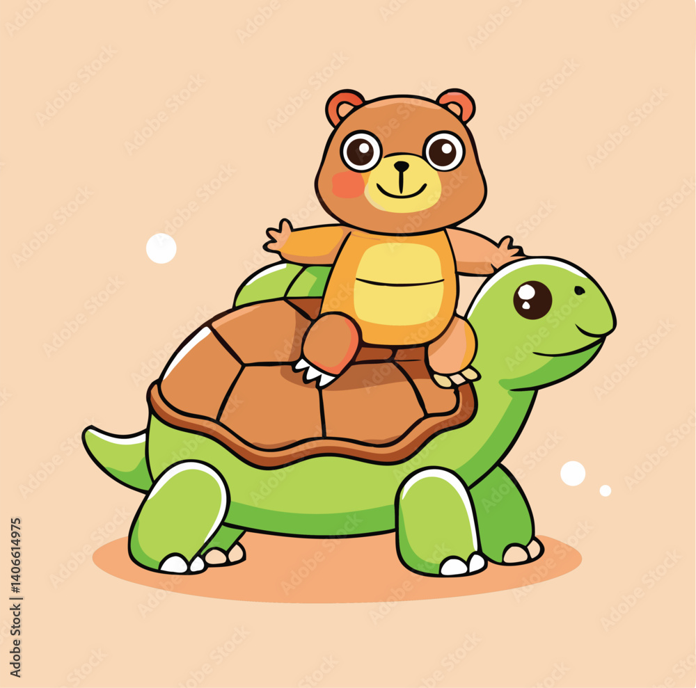 Obraz premium Cute Cartoon Bear Riding A Green Turtle In Friendship And Adventure Together