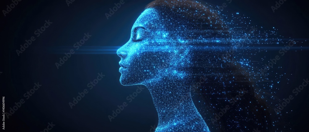 Obraz premium Female head, glowing dots, dark background, creating digital, futuristic, and conceptual abstract