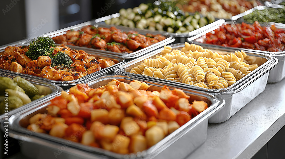 Delicious buffet style catering set featuring variety of colorful pasta dishes, grilled vegetables, and savory chicken. Perfect for events and gatherings, this spread is visually appealing