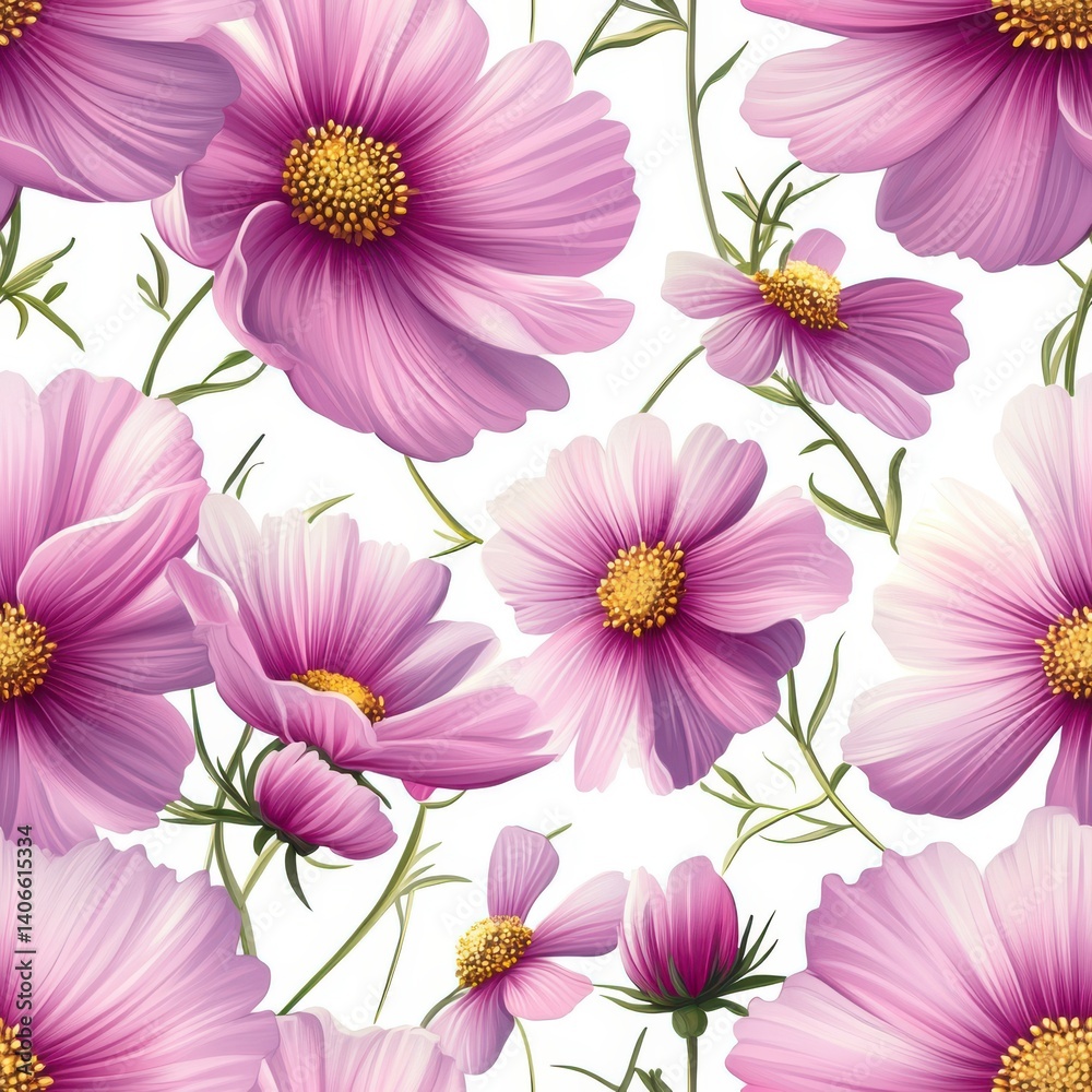 Obraz premium Pink Cosmos Flower Seamless Pattern on White Background