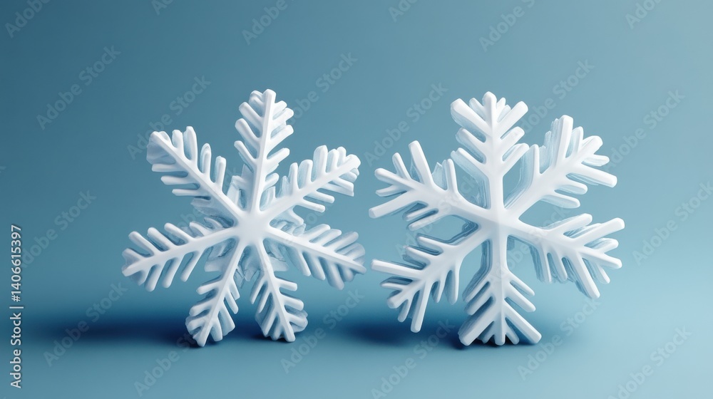 Two decorative snowflakes in white against a soft blue background, showcasing intricate designs and a seasonal theme. Two decorative snowflakes in white against a soft blue background, showcasing intricate designs and a seasonal theme.