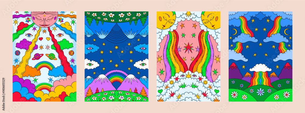 Obraz premium Psychedelic rainbows. Retro art poster. Vintage sixties landscape or 1970s mosaic forest. Sun and sky clouds. Crazy eyes.1960s nature. Hippie hallucinogen. Vector surreal banners set