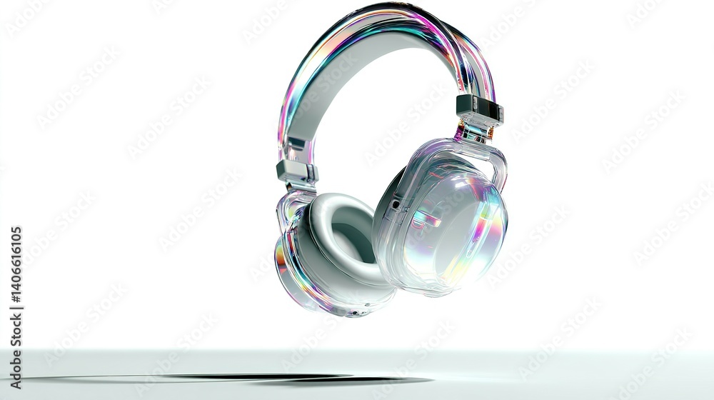 Vibrant holographic headphones hover in mid-air. Vibrant holographic headphones hover in mid-air.