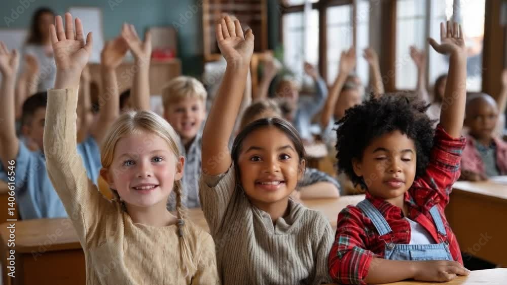 Eager Learners in the Classroom: A group of diverse elementary students enthusiastically raise their hands in a classroom, demonstrating their eagerness to participate in learning. Eager Learners in the Classroom: A group of diverse elementary students enthusiastically raise their hands in a classroom, demonstrating their eagerness to participate in learning.