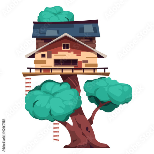 Children tree house. Kids playing construction. Cabin with rope or wooden ladders. Cozy building on forest wood branch. Small home. Playground hut. Vector nature park landscape element