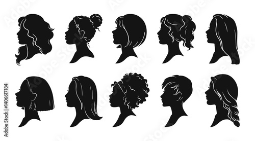Woman profile. Girl black silhouette head side view. Women stylish hair. Female black outline ponytail. Beauty salon logo. Persons portrait. Glamour hairstyles. Vector lady icons set