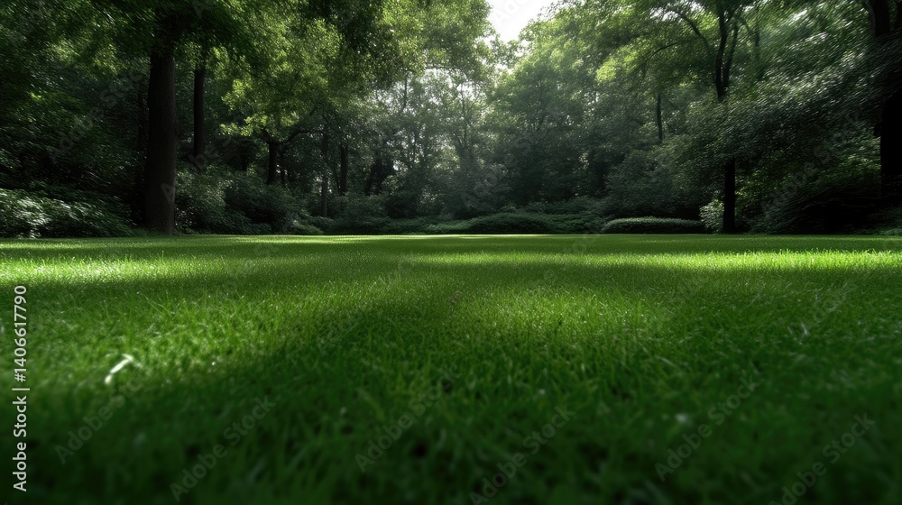 Naklejka premium Lush green lawn bathed in sunlight filtering through a dense forest canopy