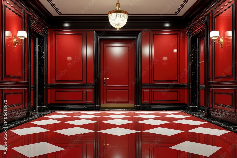 Fototapeta premium A symmetrical room with red walls, black trim, and diamond-patterned flooring