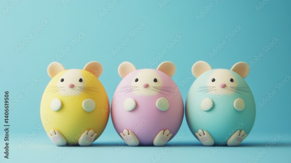 Colorful pastel mice figurines on light blue background. Easter, Pascha, Paskha, Ostern, Pascua, Paques - Orthodox and Catholic Holiday celebration Colorful pastel mice figurines on light blue background. Easter, Pascha, Paskha, Ostern, Pascua, Paques - Orthodox and Catholic Holiday celebration