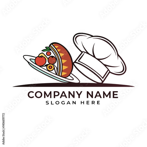 Delicious food, chef's hat, pizza slice on plate
