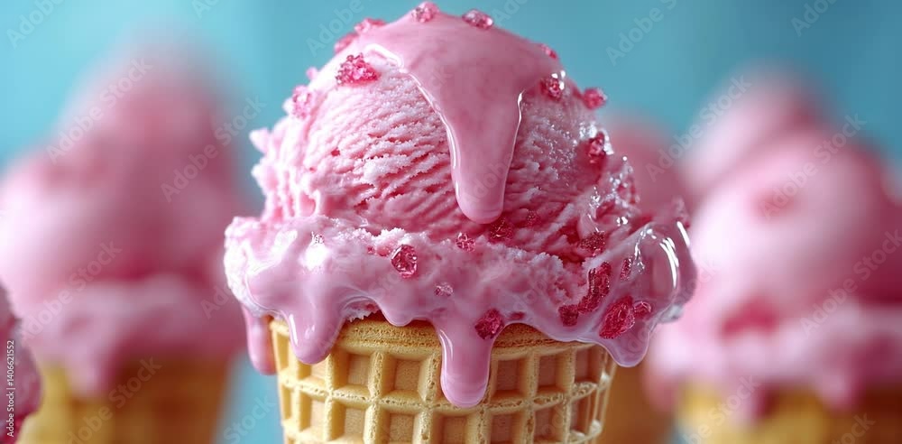 Delicioso cono de helado de fresa, color rosado, derritiéndose lentamente mientras gira. 