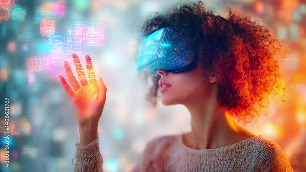 Mujer cabello rizado usando visor de realidad virtual futurista con cubos holográficos flotantes, colores cálidos