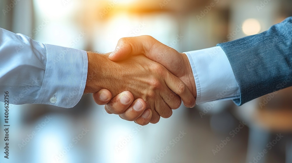 Close-up handshake in suits conveys partnership, agreement, and professional deal making Close-up handshake in suits conveys partnership, agreement, and professional deal making