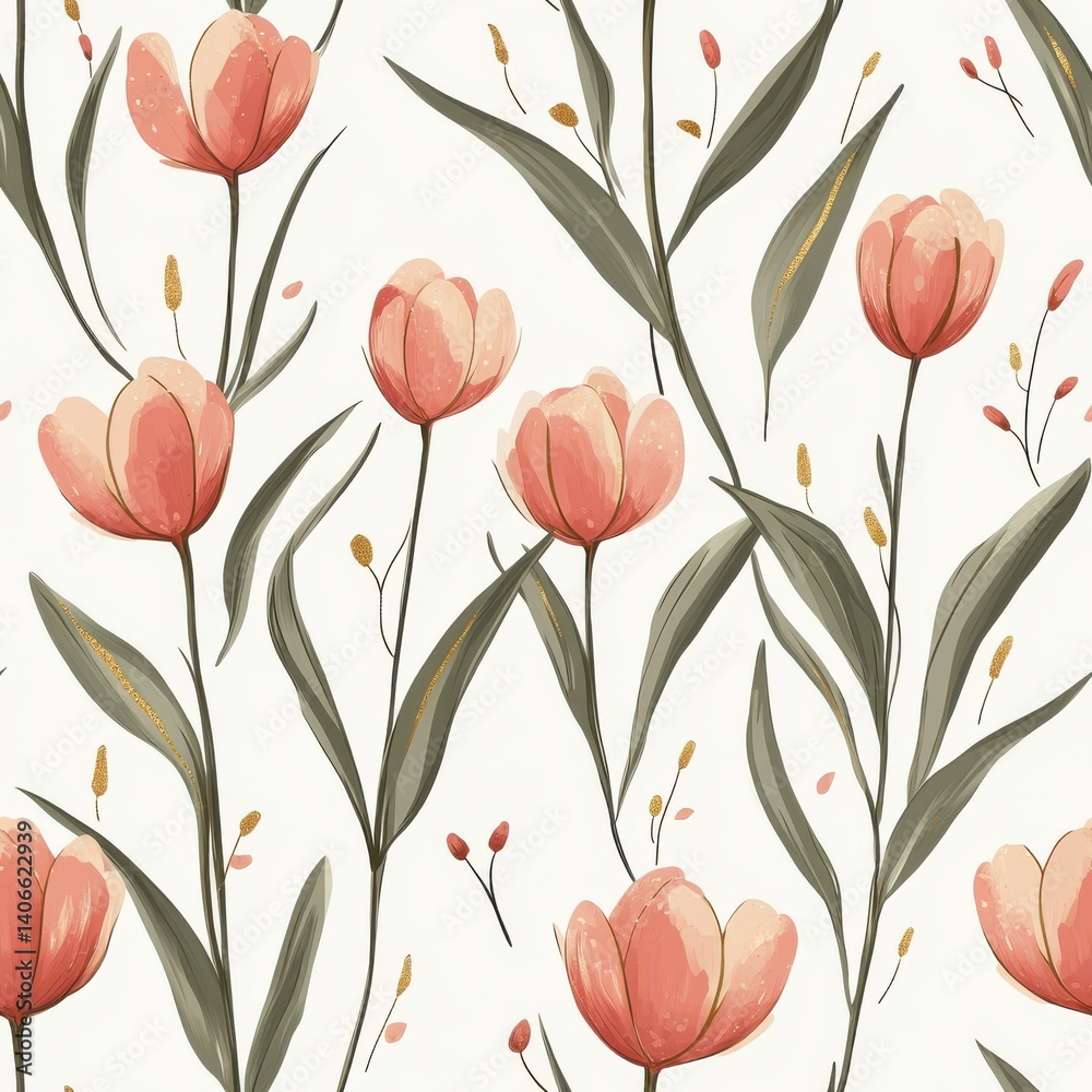 Delicate Coral Tulips and Olive Green Leaves Seamless Pattern Delicate Coral Tulips and Olive Green Leaves Seamless Pattern