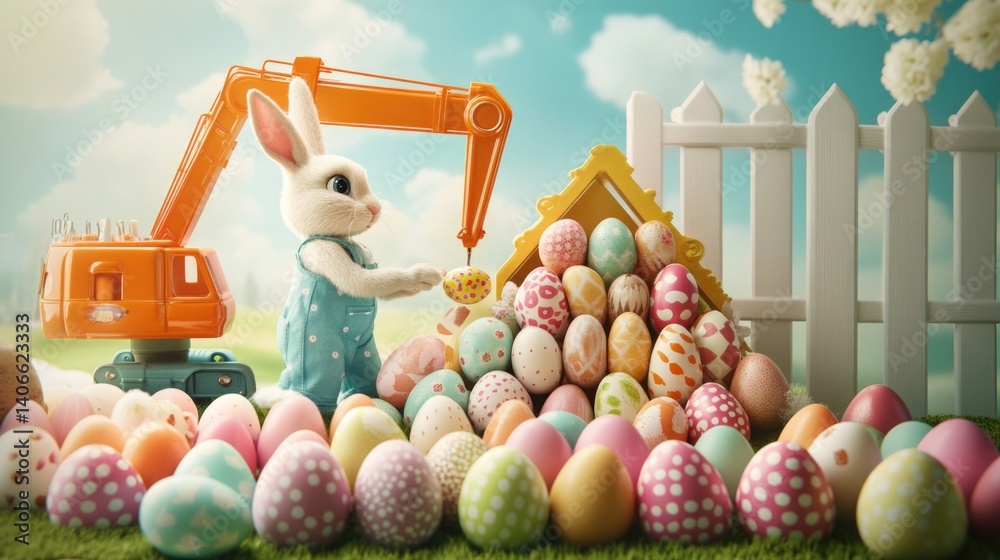 Cute bunny building colorful easter egg pile with toy digger in spring garden. Easter, Pascha, Paskha, Ostern, Pascua, Paques - Orthodox and Catholic Holiday celebration