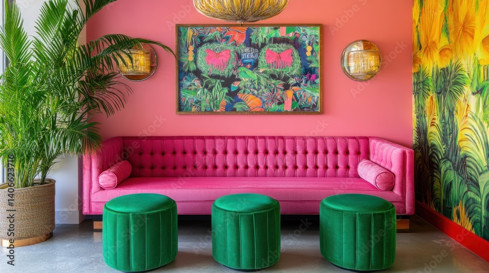 Vibrant pink couch with green stools and palm trees against a lively backdrop of bright walls and colorful accents