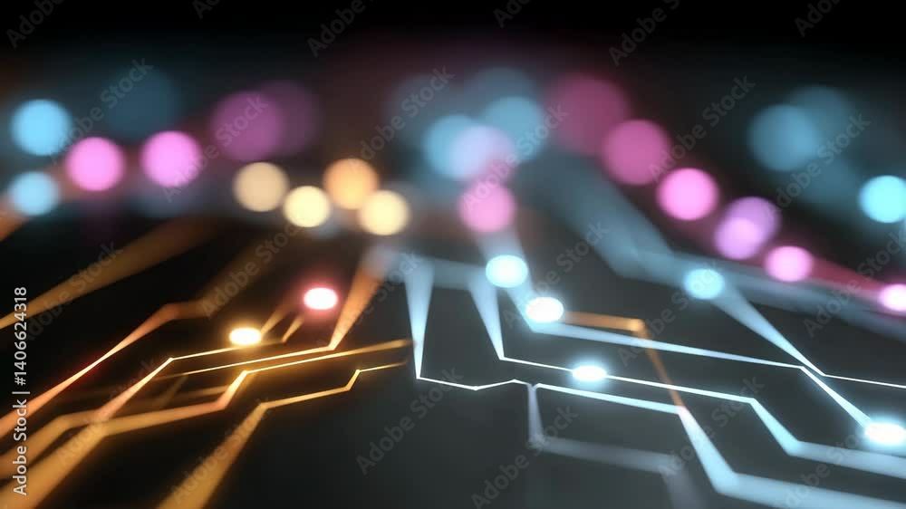 Glowing lines in shades of orange and blue intersect on a dark surface with blurred colorful lights above, suggesting a digital network or data flow