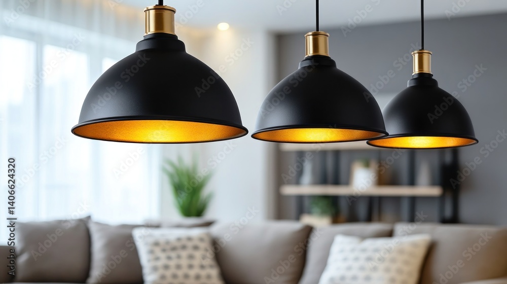 Modern living room featuring three black and gold pendant lamps, a neutral sofa, and a cozy atmosphere.