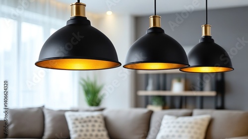 Obraz na płótnie Modern living room featuring three black and gold pendant lamps, a neutral sofa, and a cozy atmosphere. w salonie