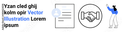 Profile document, handshake, and woman presenting visually explain collaboration and agreement. Ideal for teamwork, partnership, negotiation, business communication, networking, workplace simple