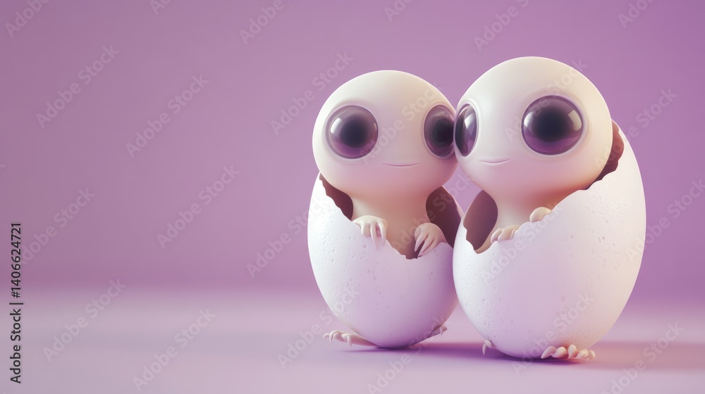 Adorable cartoon creatures hatching from eggs with big eyes on pastel background. Easter, Pascha, Paskha, Ostern, Pascua, Paques - Orthodox and Catholic Holiday celebration Adorable cartoon creatures hatching from eggs with big eyes on pastel background. Easter, Pascha, Paskha, Ostern, Pascua, Paques - Orthodox and Catholic Holiday celebration