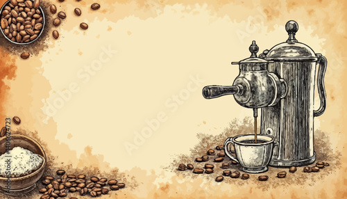 Vintage Coffee Making Process in Detailed Engraving Style
