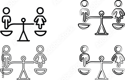 Hand-drawn illustrations, simple line art, hands holding signs, protest symbols, gender icons, male and female symbols, minimalist design, black and white sketches, activism concepts, unity in diversi