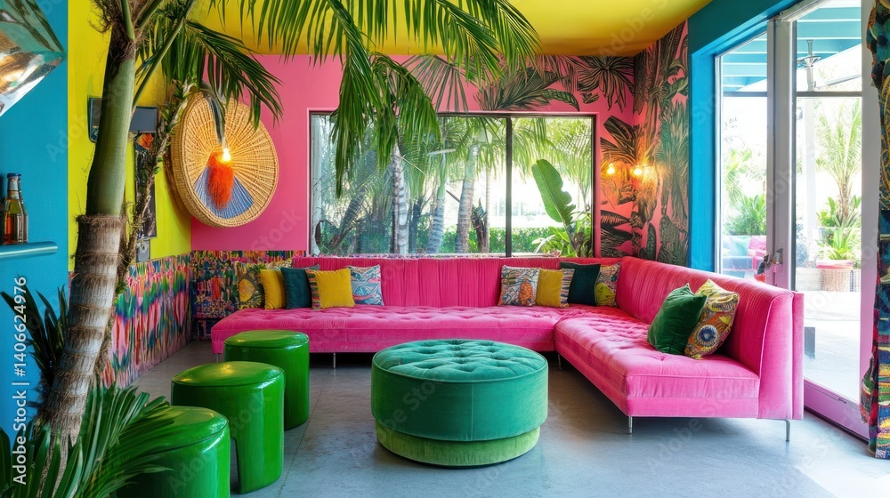 Vibrant pink couch with green stools and palm trees against a lively backdrop of bright walls and colorful accents