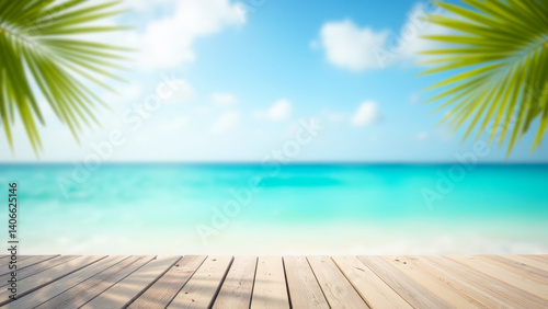 Serene Beach with Clear Blue Water and Palm Leaves Framing a Wooden Deck Under Bright Sky and Soft White Clouds