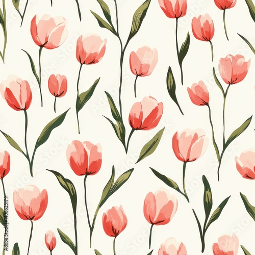 Seamless Coral Pink Tulip Floral Pattern on White Background