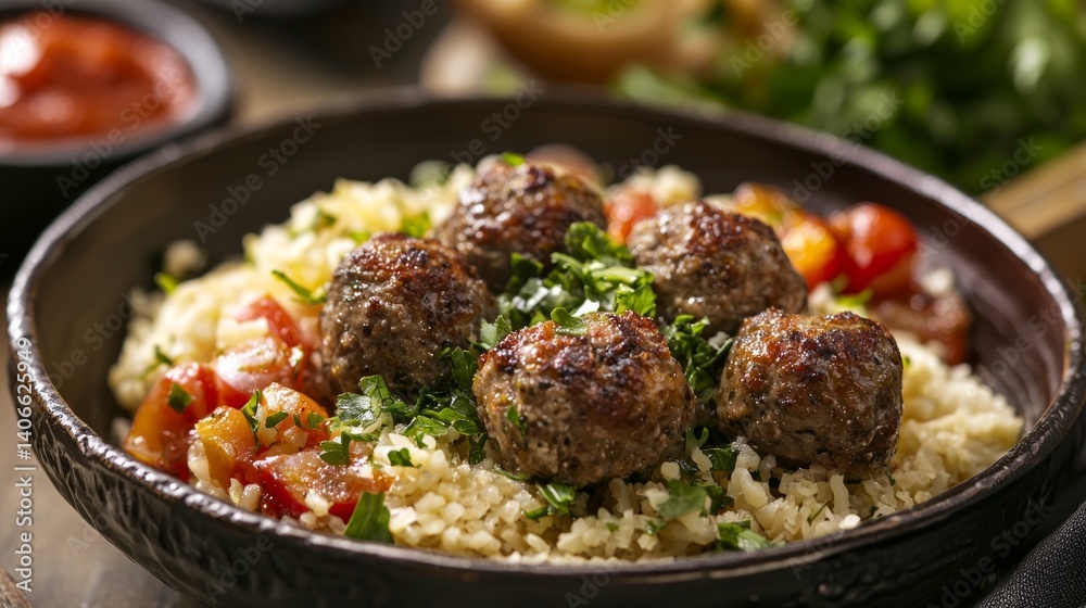 Modern Middle Eastern Cuisine Featuring Flavorful Meatballs and Bulgur Modern Middle Eastern Cuisine Featuring Flavorful Meatballs and Bulgur