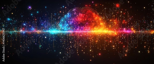 Colorful data cloud shines brightly with squares and streams, against dark background