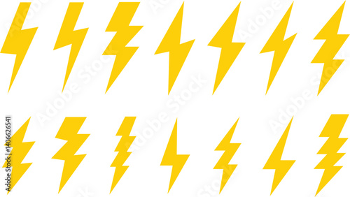 set of simple yellow lightning bolt, electric thunderbolt, lightning strike, dangerous symbol element vector illustration.