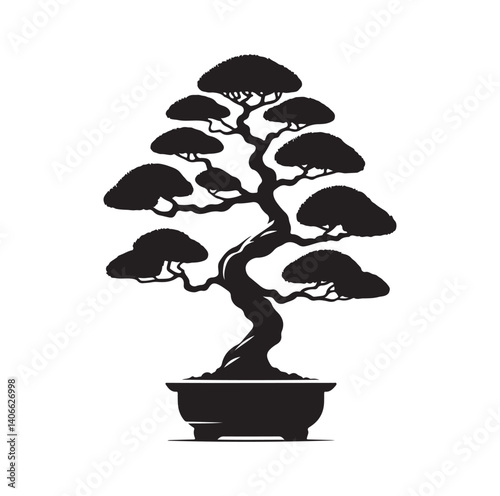 Japanese bonsai tree silhouette vector illustration