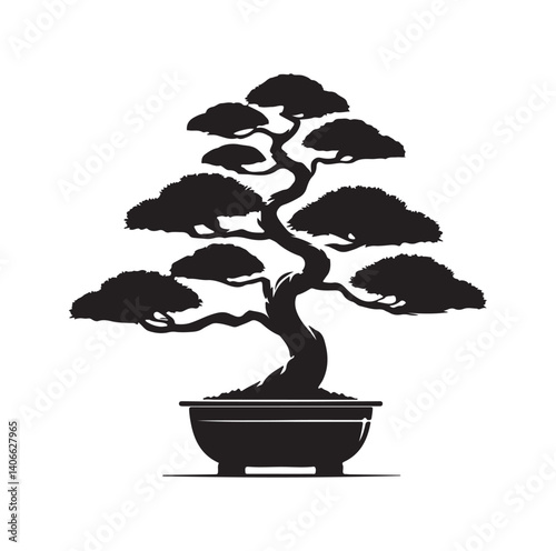 Japanese bonsai tree silhouette vector illustration