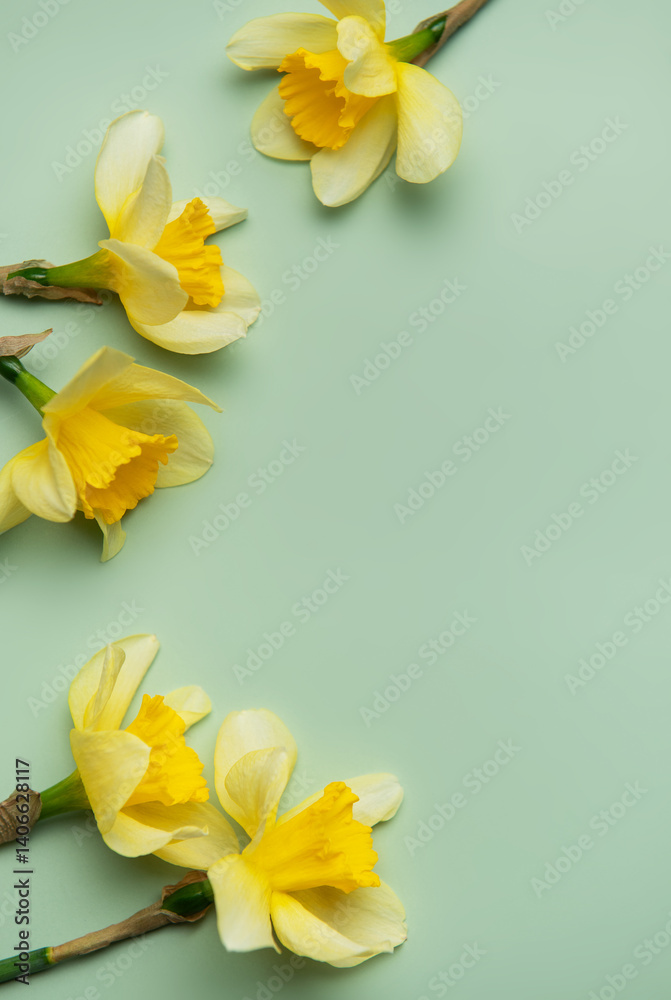 Yellow daffodils creating a border on pastel green background