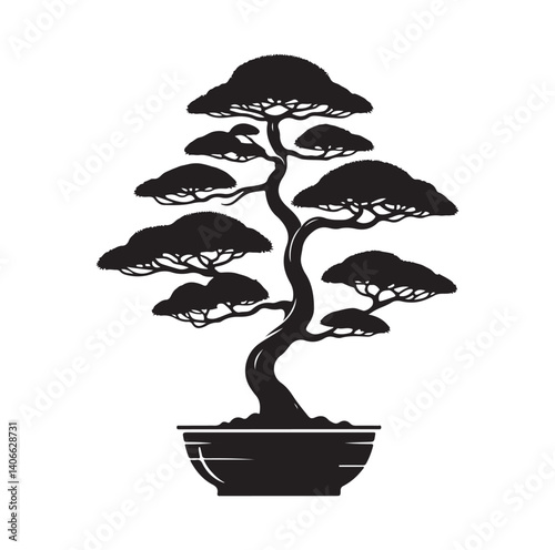 Japanese bonsai tree silhouette vector illustration