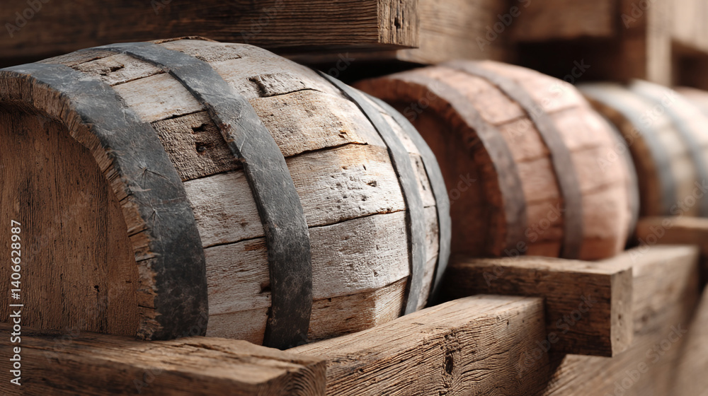 Rustic old wooden barrels stacked in a cellar for aging whiskey or wine storage in a distillery or brewery Rustic old wooden barrels stacked in a cellar for aging whiskey or wine storage in a distillery or brewery